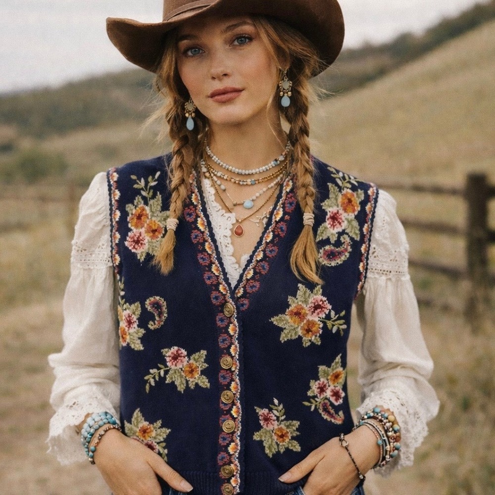 Vintage Marisa Christina Floral Paisley‎ Knit Sweater Vest Size L Navy Blue Boho